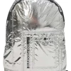 Silver foiled ripstop rucksack featuring branded sealed zipper tape and adjustable jacquard shoulder straps