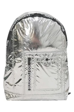 Silver foiled ripstop rucksack featuring branded sealed zipper tape and adjustable jacquard shoulder straps