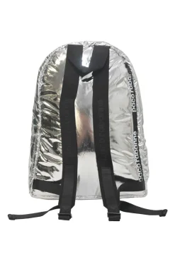 Silver foiled ripstop rucksack featuring branded sealed zipper tape and adjustable jacquard shoulder straps
