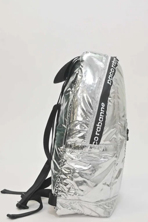 Silver foiled ripstop rucksack featuring branded sealed zipper tape and adjustable jacquard shoulder straps