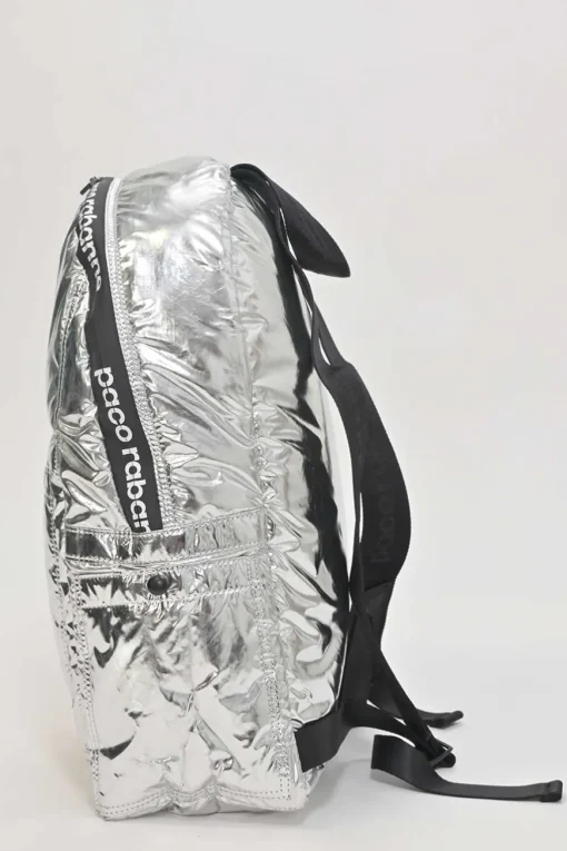 Silver foiled ripstop rucksack featuring branded sealed zipper tape and adjustable jacquard shoulder straps