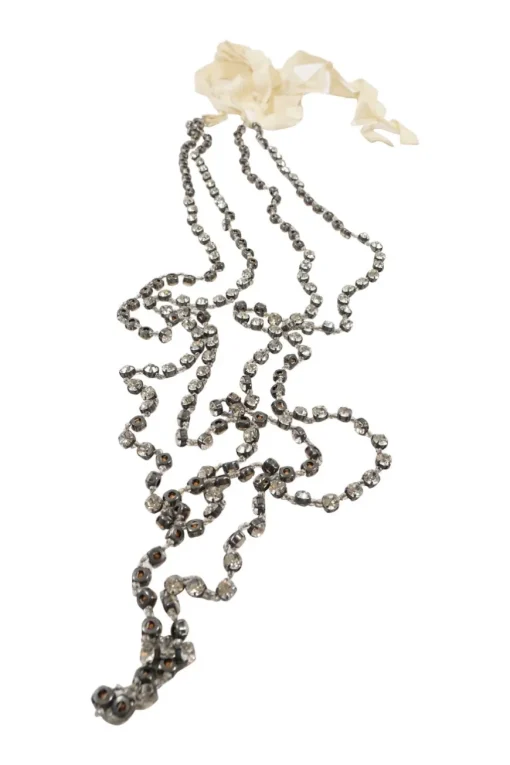 Silver glass stones with off white ribbon necklace