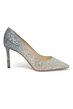 Silver glitter-bonded leather pointed-toe Romy 85 pumps