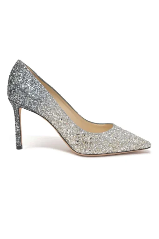 Silver glitter-bonded leather pointed-toe Romy 85 pumps