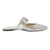 Silver glitter-bonded leather slip-on Gee mules with crystal-embellished mid-arch vamp strap
