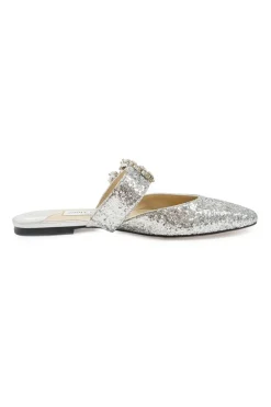 Silver glitter-bonded leather slip-on Gee mules with crystal-embellished mid-arch vamp strap