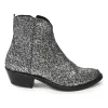 Silver glitter-bonded leather pointed-toe Western zip-up rider boots with metallic toe cap