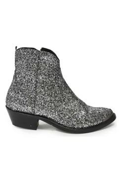 Silver glitter-bonded leather pointed-toe Western zip-up rider boots with metallic toe cap