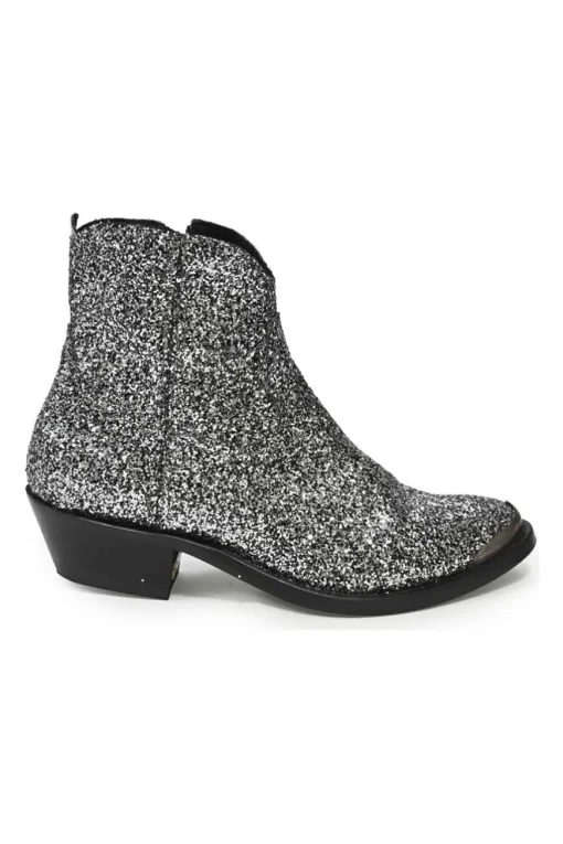Silver glitter-bonded leather pointed-toe Western zip-up rider boots with metallic toe cap