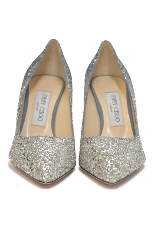 Silver glitter-bonded leather pointed-toe Romy 85 pumps
