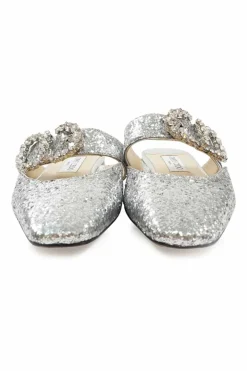 Silver glitter-bonded leather slip-on Gee mules with crystal-embellished mid-arch vamp strap