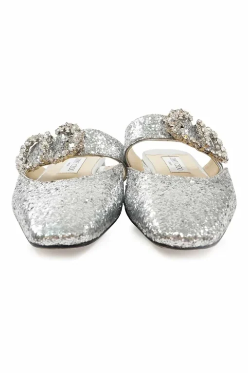 Silver glitter-bonded leather slip-on Gee mules with crystal-embellished mid-arch vamp strap