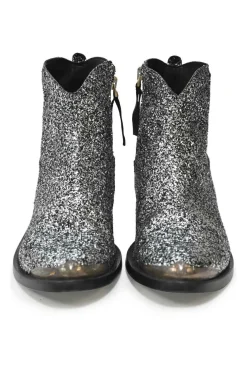 Silver glitter-bonded leather pointed-toe Western zip-up rider boots with metallic toe cap