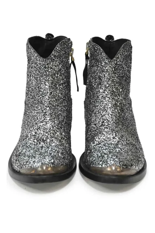 Silver glitter-bonded leather pointed-toe Western zip-up rider boots with metallic toe cap