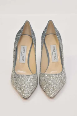 Silver glitter-bonded leather pointed-toe Romy 85 pumps