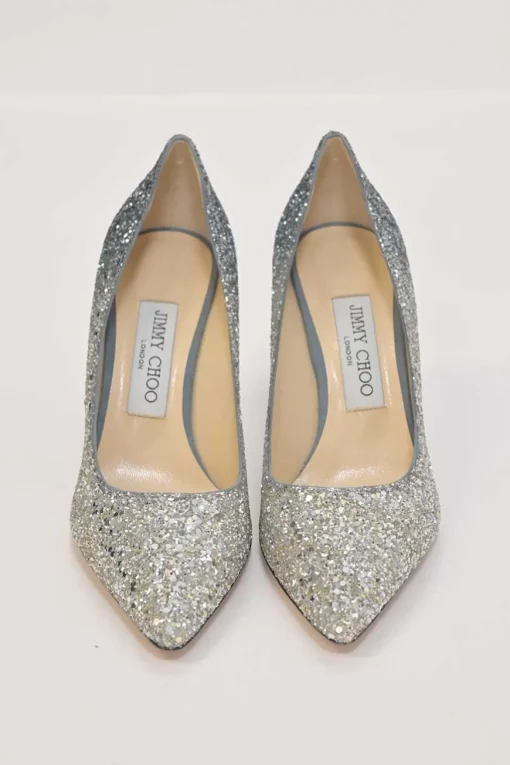 Silver glitter-bonded leather pointed-toe Romy 85 pumps