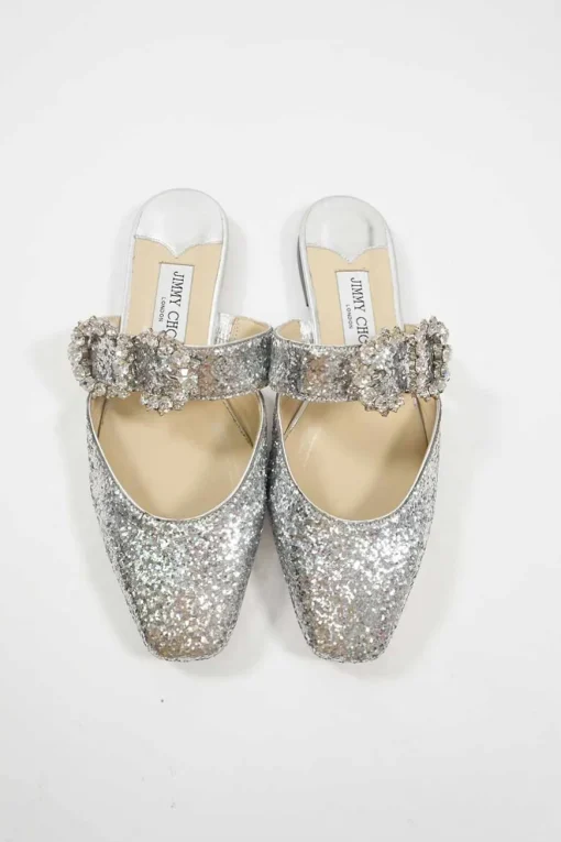 Silver glitter-bonded leather slip-on Gee mules with crystal-embellished mid-arch vamp strap