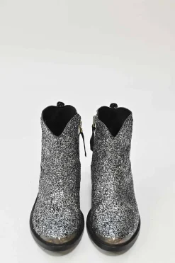 Silver glitter-bonded leather pointed-toe Western zip-up rider boots with metallic toe cap