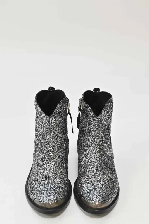 Silver glitter-bonded leather pointed-toe Western zip-up rider boots with metallic toe cap