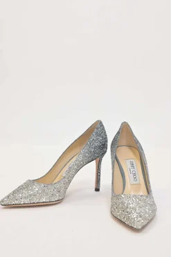 Silver glitter-bonded leather pointed-toe Romy 85 pumps