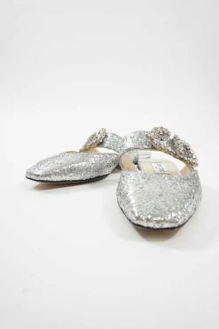 Silver glitter-bonded leather slip-on Gee mules with crystal-embellished mid-arch vamp strap