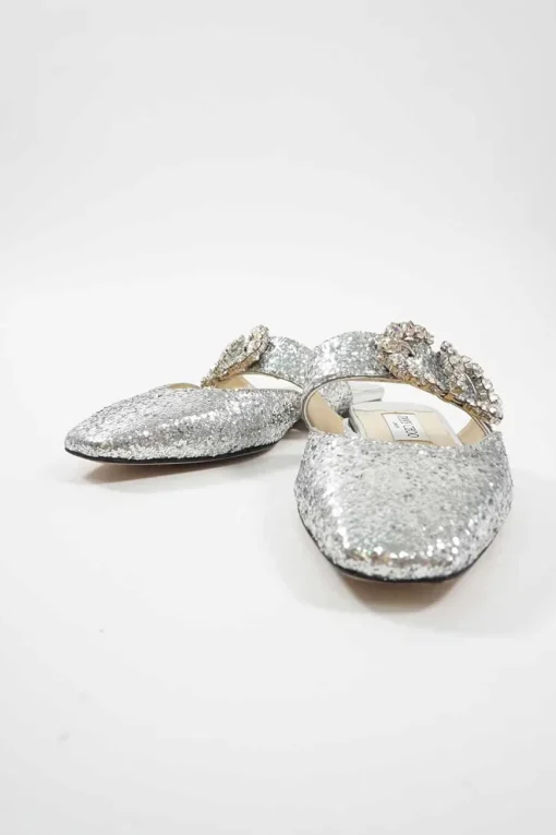 Silver glitter-bonded leather slip-on Gee mules with crystal-embellished mid-arch vamp strap