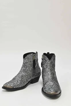 Silver glitter-bonded leather pointed-toe Western zip-up rider boots with metallic toe cap