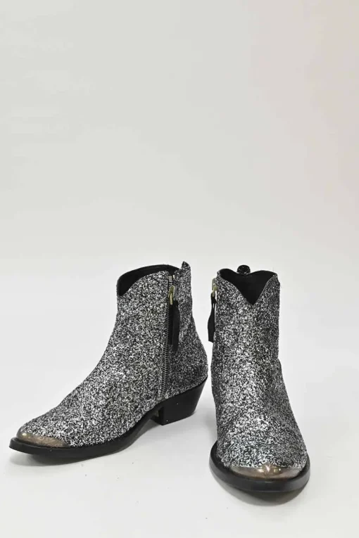 Silver glitter-bonded leather pointed-toe Western zip-up rider boots with metallic toe cap