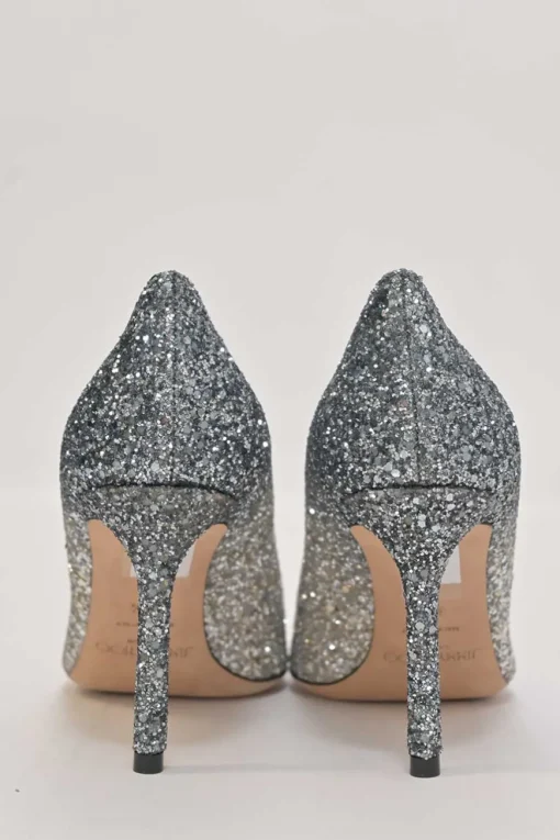 Silver glitter-bonded leather pointed-toe Romy 85 pumps