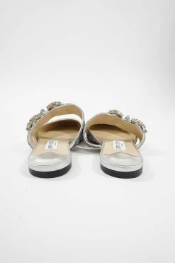 Silver glitter-bonded leather slip-on Gee mules with crystal-embellished mid-arch vamp strap