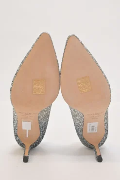 Silver glitter-bonded leather pointed-toe Romy 85 pumps