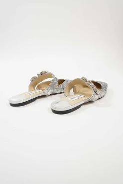 Silver glitter-bonded leather slip-on Gee mules with crystal-embellished mid-arch vamp strap