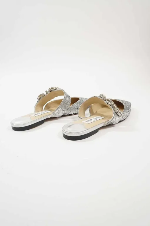 Silver glitter-bonded leather slip-on Gee mules with crystal-embellished mid-arch vamp strap