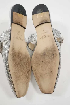 Silver glitter-bonded leather slip-on Gee mules with crystal-embellished mid-arch vamp strap