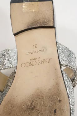 Silver glitter-bonded leather slip-on Gee mules with crystal-embellished mid-arch vamp strap