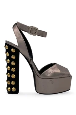 Silver leather wedges with golden studded heel