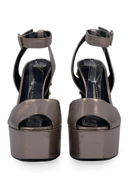 Silver leather wedges with golden studded heel