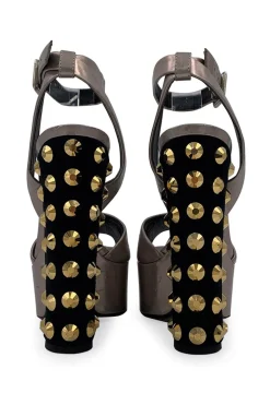 Silver leather wedges with golden studded heel