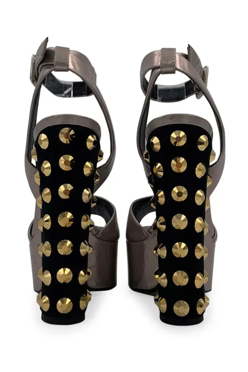 Silver leather wedges with golden studded heel