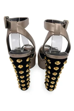 Silver leather wedges with golden studded heel