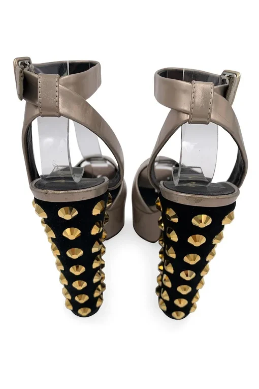 Silver leather wedges with golden studded heel