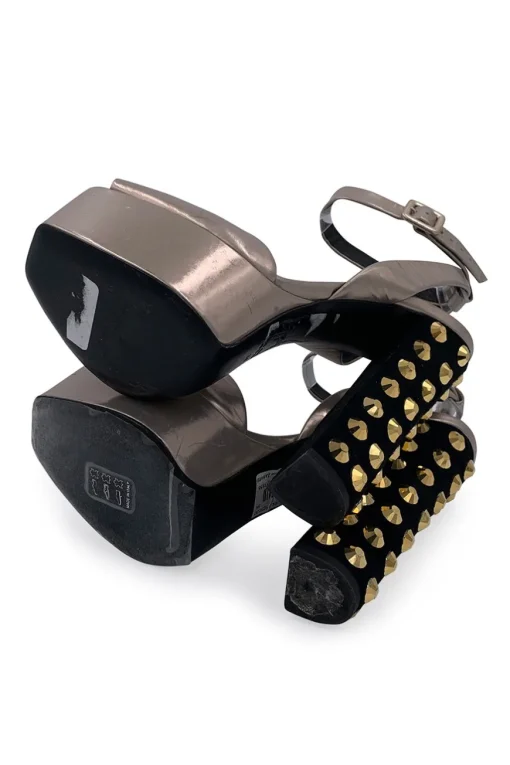 Silver leather wedges with golden studded heel