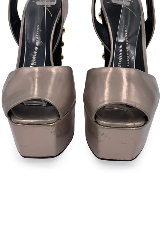 Silver leather wedges with golden studded heel