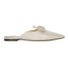Silver metallic linen pointy toe slip ons with beige gros grain bow