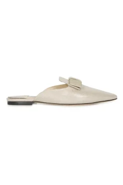 Silver metallic linen pointy toe slip ons with beige gros grain bow