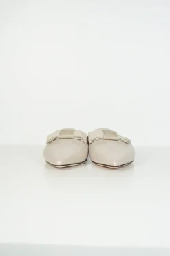 Silver metallic linen pointy toe slip ons with beige gros grain bow