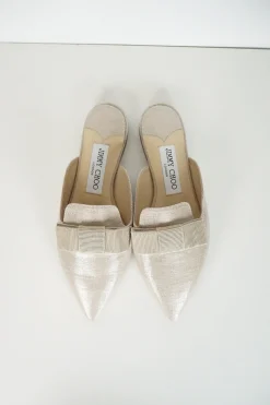Silver metallic linen pointy toe slip ons with beige gros grain bow
