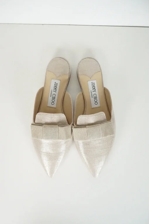 Silver metallic linen pointy toe slip ons with beige gros grain bow