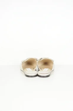 Silver metallic linen pointy toe slip ons with beige gros grain bow
