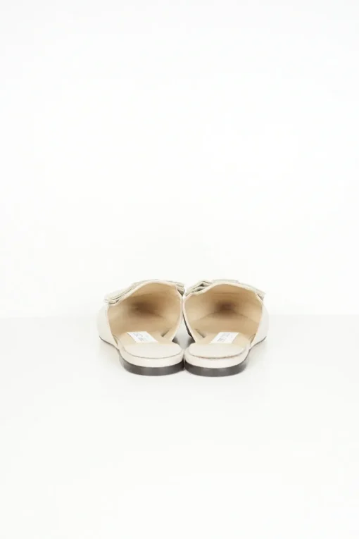 Silver metallic linen pointy toe slip ons with beige gros grain bow
